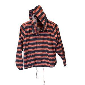 Isaac Mizrahi Live Women Small Barn Jacket Striped Hooded Snap Front Red Blue